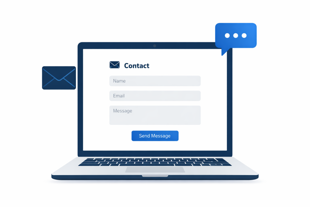 Minimalist vector illustration of a laptop displaying a clean contact form with name, email, and message fields, accompanied by an envelope icon and a chat bubble icon, using a modern blue and grey tech color palette.