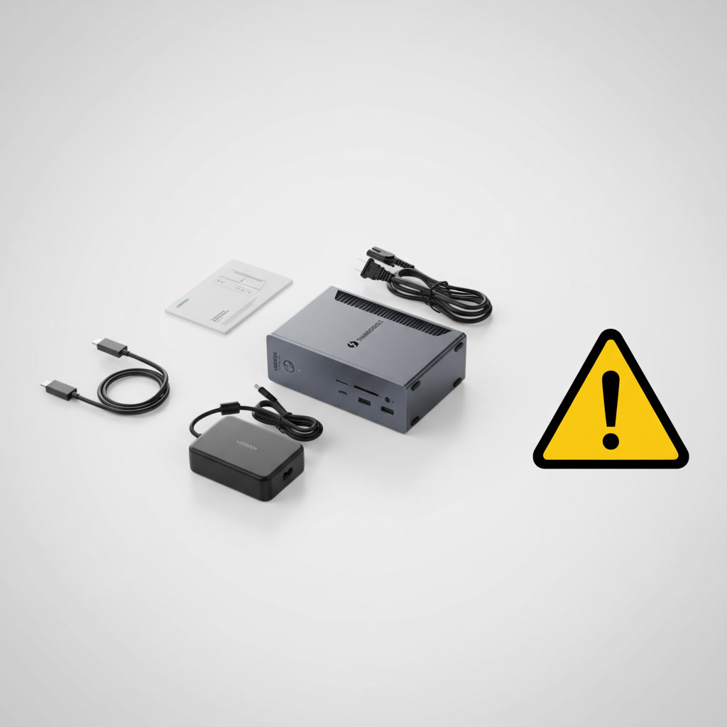 UGREEN Revodok Max 213 docking station with warning icons.