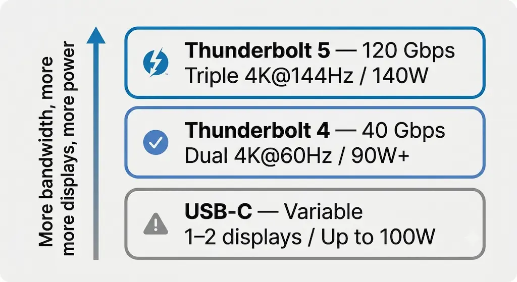 Comparison diagram showing Thunderbolt 5 vs Thunderbolt 4 vs USB-C docking station tiers by bandwidth, display support, and charging