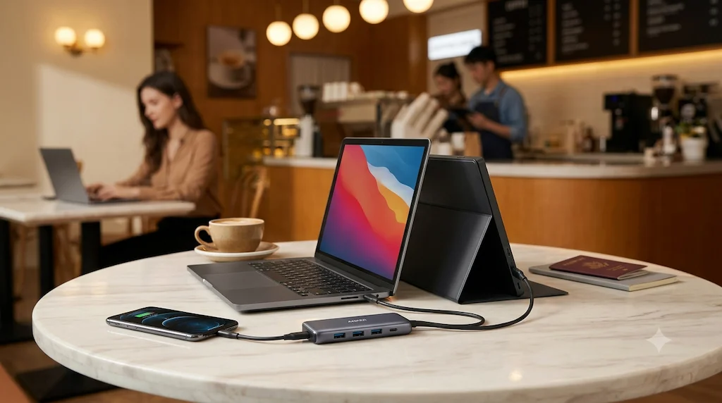 Compact USB-C travel hub connecting a laptop to a portable monitor and charging a phone at a café