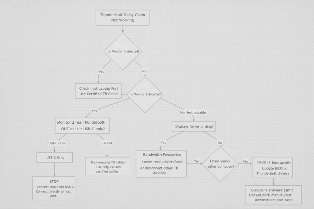 Thunderbolt daisy chain troubleshooting flowchart guiding diagnosis steps based on monitor detection, cable type, bandwidth stability, sleep wake behavior, and host compatibility.