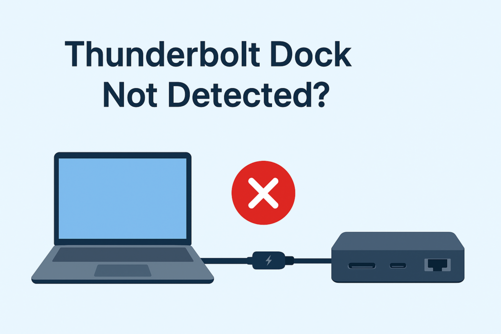 Diagnostic flowchart for Thunderbolt dock not detected error on Mac or Windows, showing troubleshooting steps for power, cable, and system settings.