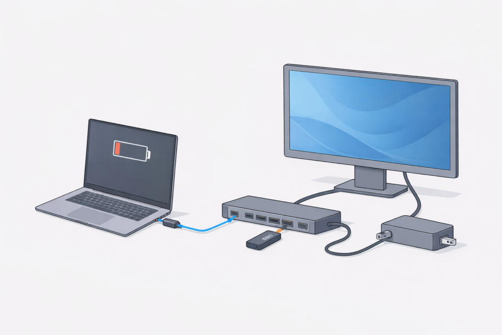 Docking station not charging laptop while displays and peripherals remain fully functional.
