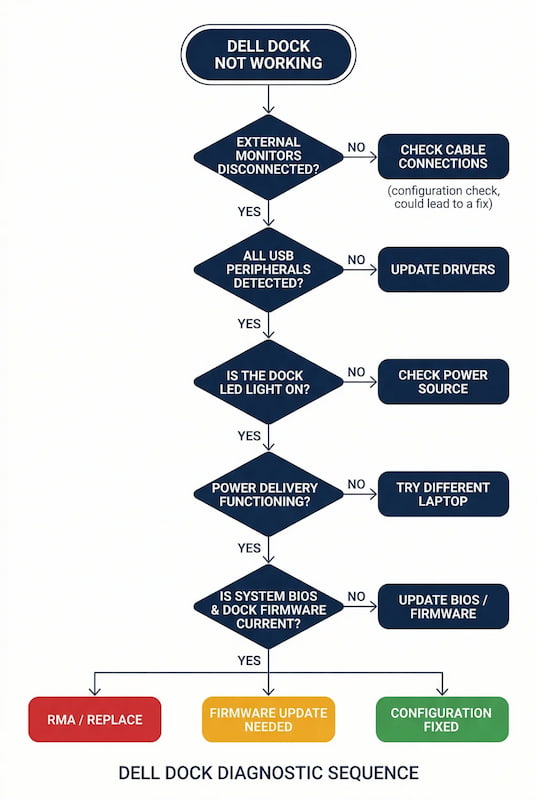 thunderbolt-dock-diagnostic-flowchart Thunderbolt dock diagnostic flowchart — step by step troubleshooting from cable check to hardware fault