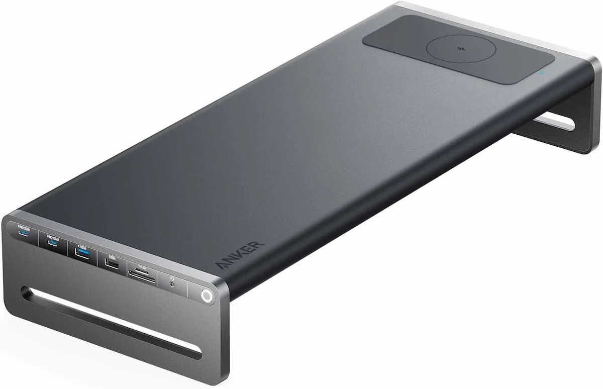 Anker 675 USB-C docking station with fixed aluminum monitor shelf and integrated Qi wireless charging pad