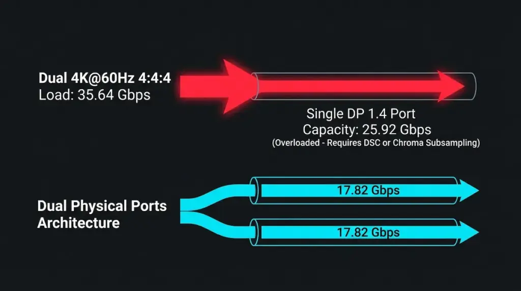 Comparative diagram showing simultaneous dual-display switching versus independent display routing between two computers