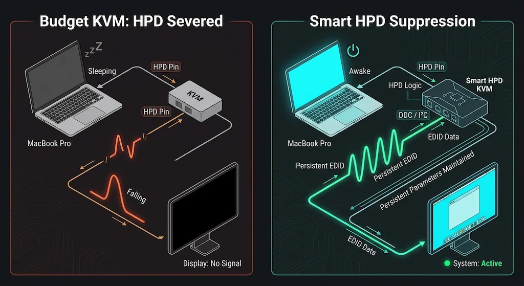 Split diagram comparing budget KVM cutting HPD signal and putting MacBook to sleep versus a smart KVM switch maintaining persistent EDID data and keeping the system active