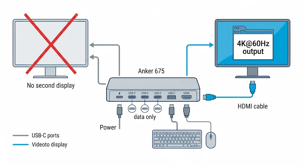 Diagram showing Anker 675 USB-C Docking station single HDMI display output with no dual monitor support
Title: Anker 675 display output — single monitor only