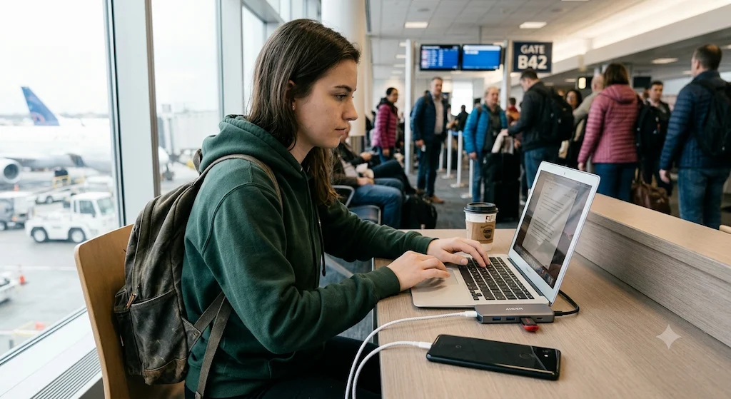 Person using a compact Anker USB-C hub at an airport while traveling