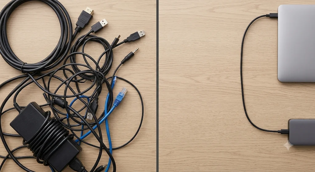 Before and after docking station setup — cable mess vs single USB-C cable