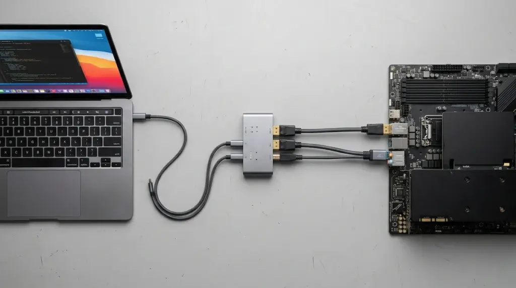Flowchart showing asymmetric EDID desync where Monitor 1 holds resolution while Monitor 2 resets to 1080p during a switch