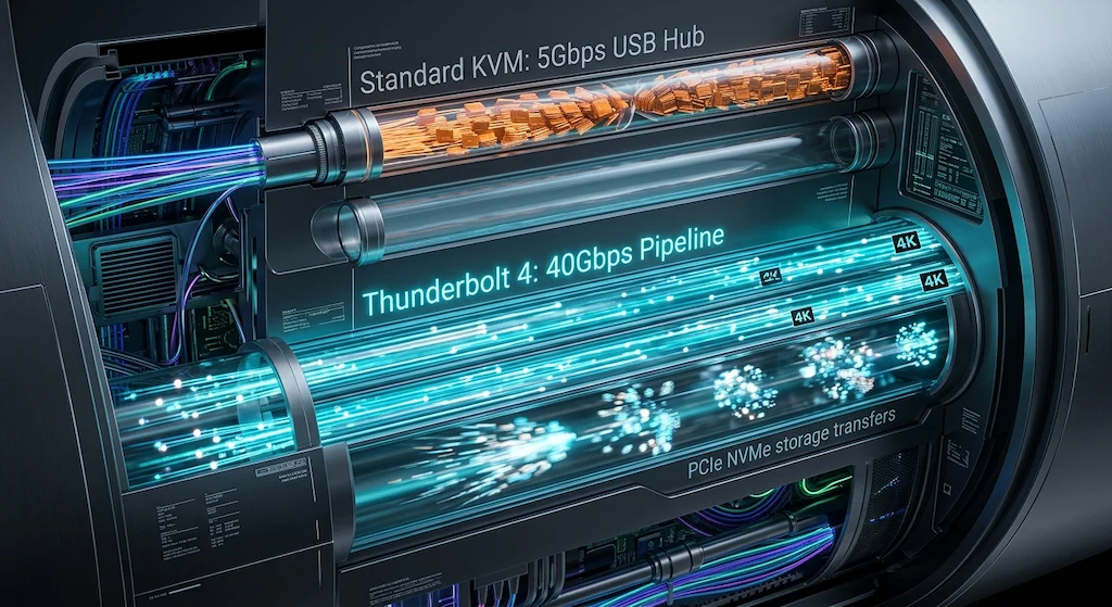 Cross-section tube visualization comparing a congested 5Gbps USB hub inside a standard KVM versus a Thunderbolt 4 40Gbps pipeline simultaneously carrying three 4K streams and NVMe storage transfers