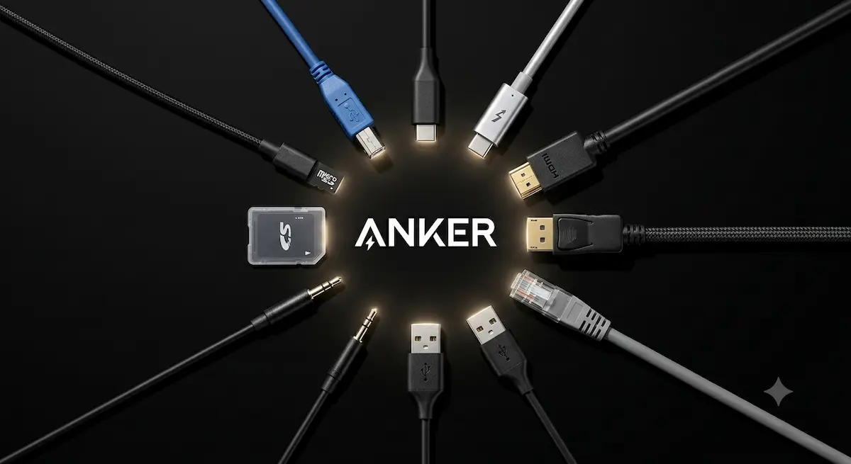 Anker Docking Station - logo surrounded by cables and connectors — docking station hub concept