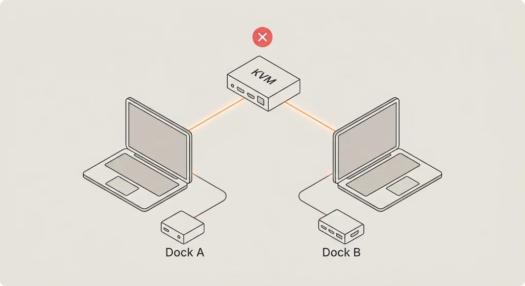 Isometric diagram showing two laptops connected to separate Thunderbolt docking stations with a KVM switch above and a red X marking the shared Thunderbolt connection as invalid