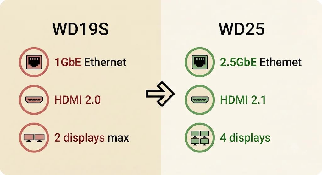 Infographic comparing Dell WD19S vs WD25 showing Ethernet, HDMI, and display output upgrades