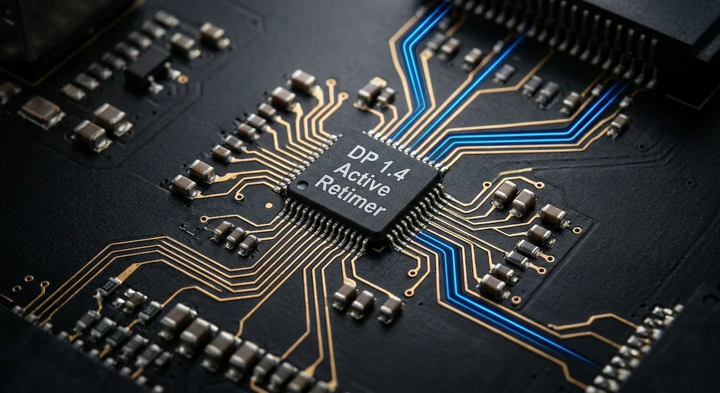 Macro photograph of a KVM switch circuit board with a DP 1.4 Active Retimer chip at center and blue-illuminated signal traces extending outward across a black PCB