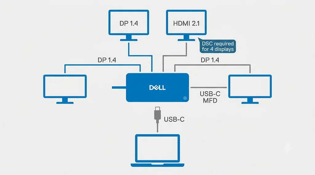 Diagram showing Dell dock pro WD25 four-display output topology via DP 1.4, HDMI 2.1, and USB-C MFD ports