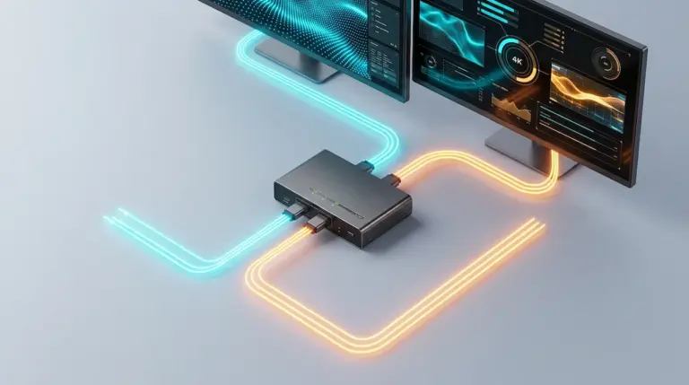 KVM switch dual monitor - sitting on a desk with glowing fiber-optic light streams connecting to dual monitors and input peripherals
