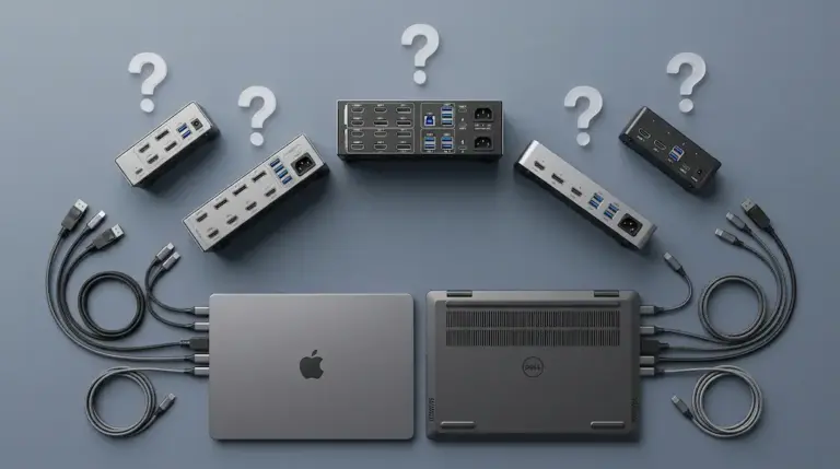 MacBook and Dell laptop surrounded by multiple KVM switch options with question marks — choosing the best KVM switch for dual computer setup