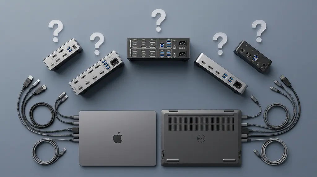MacBook and Dell laptop surrounded by multiple KVM switch options with question marks — choosing the best KVM switch for dual computer setup