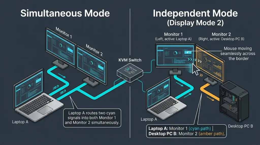 Diagram illustrating DisplayPort 1.4 bandwidth limits and 4K 60Hz signal consumption across single-cable MST vs dual physical cable connections
